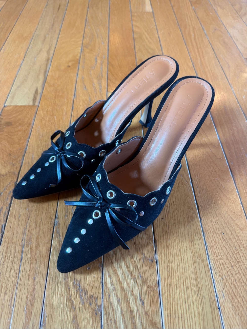 ATBELL Black Suede Heels Mules Pointed Toe Silver Studs Womens Sz 38